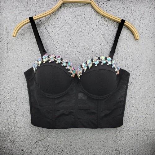 Cupnaya Glitter Crystal Women Polyester Spandex Crop Top Spaghatti Strap Bustier Gauze Corset Bralette Black White Red Khaki