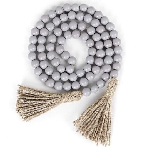 58in Wood Bead Garland with Tassels,Farmhouse Beads Rustic Country Decor Prayer Boho Beads Wall Hanging Decoration(Gray)
