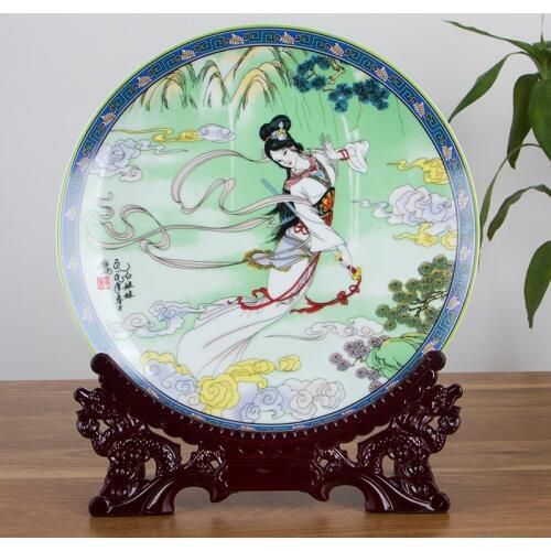 Chinese Style Ancient Beauty Ceramic Ornamental Plate Decoration Round Porcelain Plate Wooden Base Set Wedding Gift