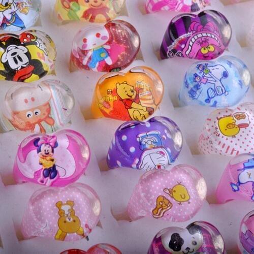 Wholesale 50PCS Jewelry Mixed Lots Resin Lucite Children Kid Rings Cartoon Pattern Heart Shape Ring Gift Cheap Drop Ship Free