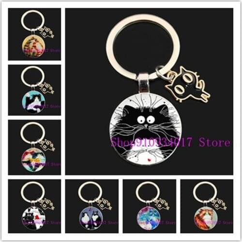 New cute Persian cat round glass keychain I love my cat creative keychain cute kitten keychain jewelry suitable for cute ladies