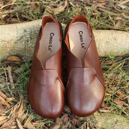 Genuine Leather Flat Shoes Woman Hand-sewn Leather Loafers Cowhide Flexible Spring Casual Shoes Slip On soft shoes for women