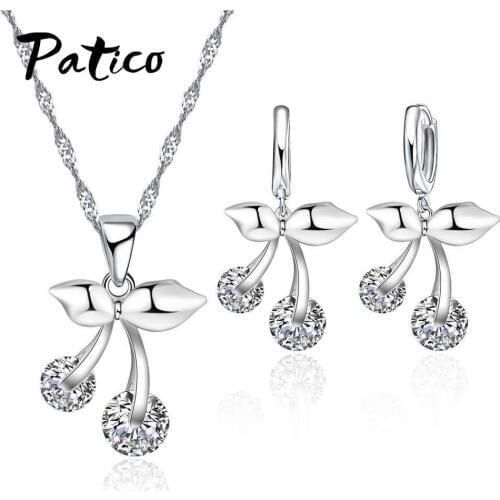 Sweet Cute Cherry Fruit Anniversary Zirconia Necklace Earrings Little Girl And Women Gift 925 Sterling Silver