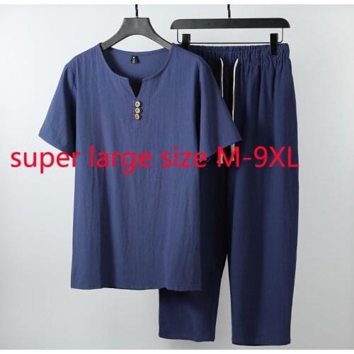 New Arrival Suepr Large Summer Men Short Sleeve Fashion Casual Linen Two Piece Set T-shirt Plus Size M-3XL 4XL5XL6XL 7XL 8XL 9XL