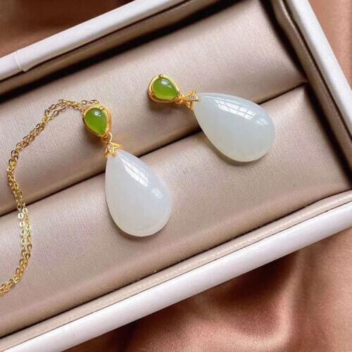 New silver necklace natural Hetian white jade drop-shaped pendant Chinese style retro elegant fresh charm womens brand jewelry