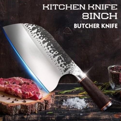 Chef Knife 8 Inch Hand Forged Sharp Meat Cleaver Wooden Handle Butcher Knife Stainless Steel 5CR15MOV Steel Knife