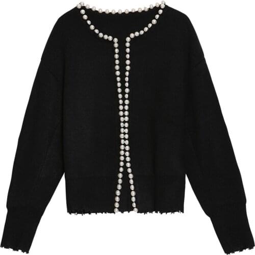 2020 Autumn Wool Knitted O-Neck Preal Beading White Cardigans Warm Sweater Femme Tricot Women Tops