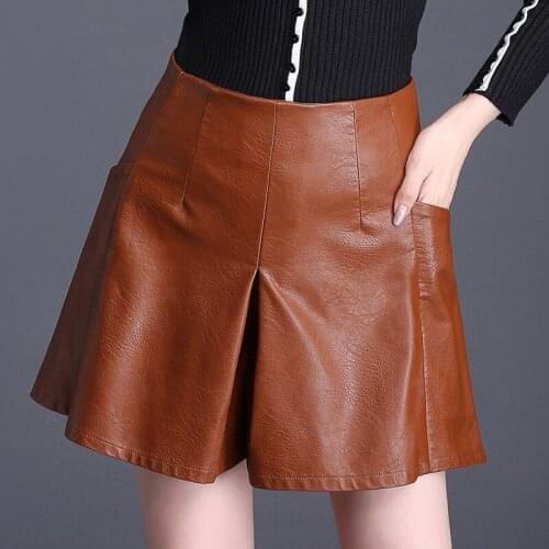 2020 Autumn Harajuku PU Faux Leather Skirt Shorts Women Brown Plus Size 4XL High Waist Office Lady A-Line Wide Leg Skirt Shorts