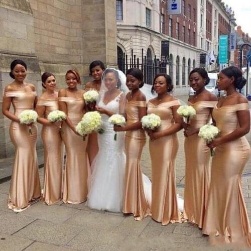 Cocomylody Maid Of Honor African Satin Mermaid Off Shoulder Bridesmaid Dresses Zipper Back 2021 Gold Long Wedding Party Guest