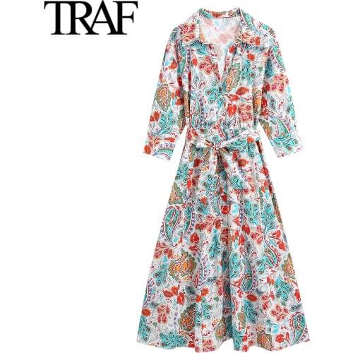 Traf Women Clothes Spring Autumn Chic Office Long Sleeve Shirt Dresses French Fashion Vintage Printed Midi Dress Robe