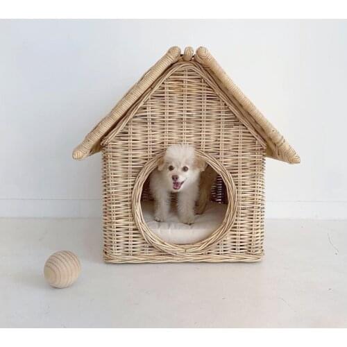 Zq Japanese Style Handmade Woven Creative Rattan Dogs and Cats House Bamboo Rattan Small Pet Room Cat Cage