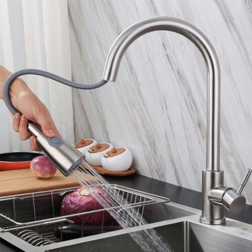Easy To Install Kitchen Pull Faucet SUS304 Stainless Steel Hot And Cold Mixed Water Brushed Rotatable Faucet