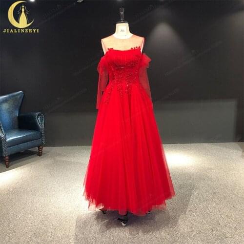 Rhine real Pictures Hot Sale red beads Crystal A-line Off the shoulder dresses arabic evening dresses long