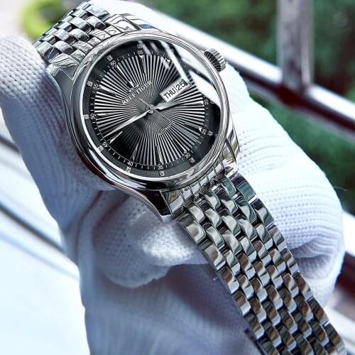 Reef Tiger/RT Business Dress Men Watch Date Black Dial Analog Automatic Watches Full Stainless Steel Mechanical Watch