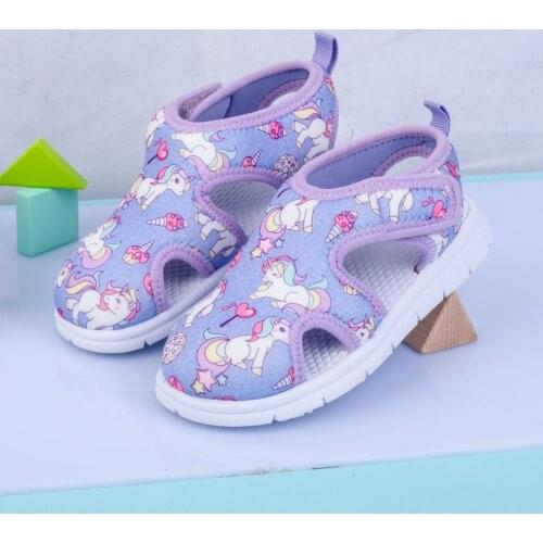 Summer Kids Girls Purple Unicorn Sandals Soft Mesh Breathable Non-Slip Sole Anti-Collision Beach Sandals