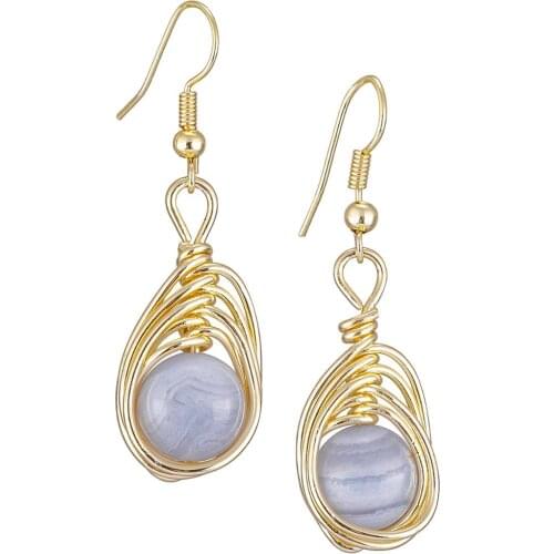 TUMBEELLUWA Gold Color Handmade Wire Wrapped Round Crystal Stone Beads Hook Drop Earrings Dangle Earrings Fashion Jewelry