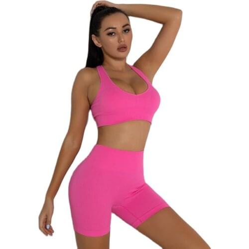 Sports Fitness Bra Yoga Suit Set High Waist Yoga Shorts Threaded Seamless Bra Peach Workout Suit