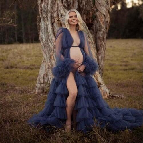 Navy Tulle Maternity Dress For Photography Babyshower Tiered Skirt Puffy Maternity Gowns Photoshoot Pregnancy Women Long Dresses