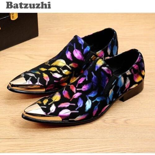 Batzuzhi Italian Style Men Shoes Black Suede with Colorful Print Feathers Gold/Silver Point Metal Toe Mens Dress Shoes Wedding