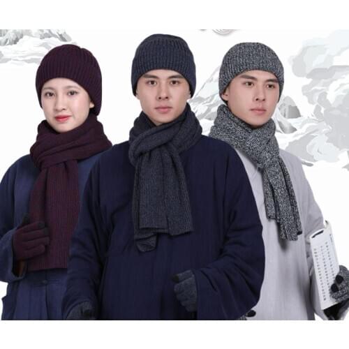 High quality 3pcs/set Autumn&Winter shaolin monk scarf hat gloves buddhist lay zen meditation cap black/grey/red
