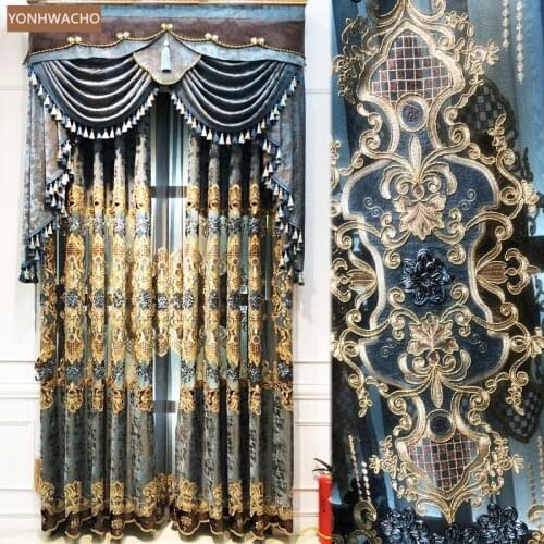 Custom curtain villa luxury living room hollow embroidered window screen blue cloth blackout curtain valance tulle drapery C778