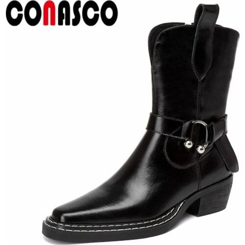 CONASCO Brand Design Women Ankle Boots Autumn Winter Warm Cow Leather Causal Prom Office Lady Working Boots Retro Elegant Woman