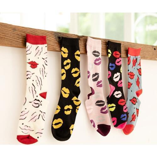 Women fashion cotton funny cute cartoon long socks lips colorful happy cute casual socks lady funky novelty pattern socks teen