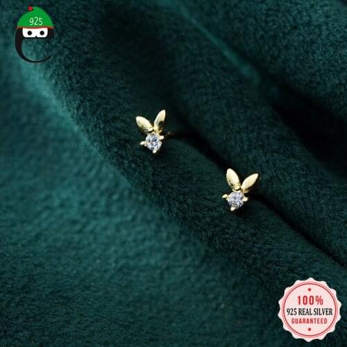 ElfoPlataSi 925 Sterling Mini Cute Sweet Gold Dazzling CZ Rabbit Stud Earring For Women Girl Silver 925 Jewelry Brincos ED373