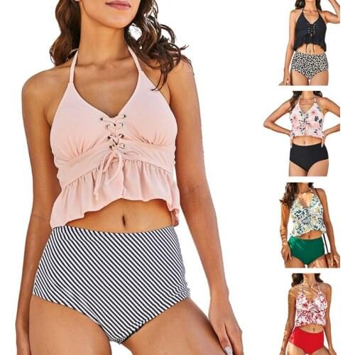Women Sexy 2 Piece Floral Leopard Bikini Set Halter Crisscross Lace-Up Ruffles Crop Top Swimsuit High Waist Bathing Suit