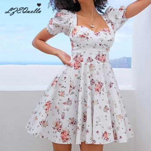 LZEQuella Women Short Sleeve V Neck Floral Print Backless Mini Dress Sexy High Waist A Line Pleated Party Vestidos NZ3633
