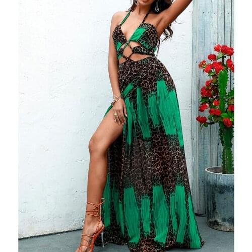 2021 Sexy Leopard Patchwork Green Halter Hollow Out Women Maxi Dress Boho Casual Slim Summer Holiday Harajuku Vestidos 238064