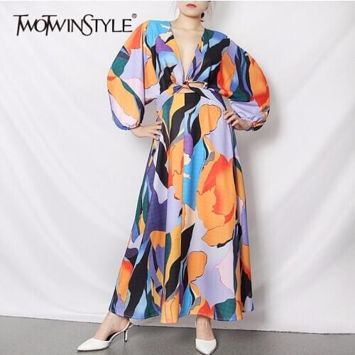 TWOTWINSTYLE Casual Print Summer Dress Women V Neck Lantern Half Sleeve High Waist Hollow Out Hit Color Midi Dresses For Female