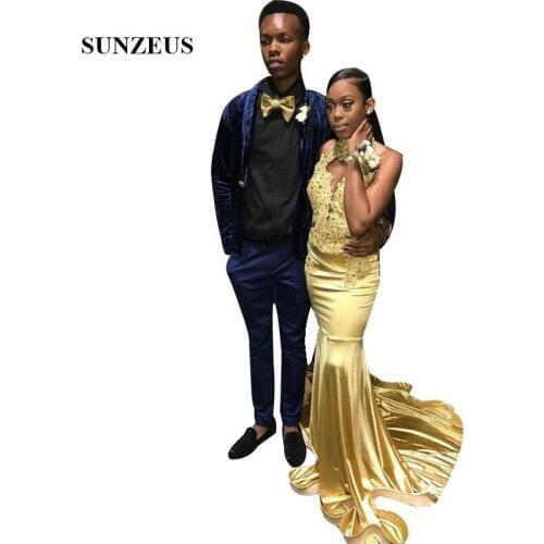 Gold Party Dresses 2019 Halter Neck Sexy Backless Summer Prom Gowns Long Satin Black Girls Gala Dress Appliques Mermaid Robe