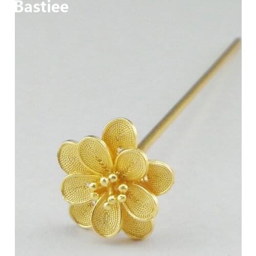 Bastiee Flower 999 Sterling Silver Hair Stick Hmong Handmade Hair Pin Golden Plated Jewelry Luxury Accessories