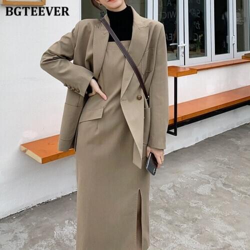 BGTEEVER Elegant OL Style Women Dress Suits Double Breasted Blazer & Sleeveless Side Split Pencil Dress Female 2 Pieces Set 2021