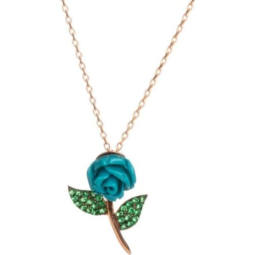 925 Sterling Silver Blue Rose Necklace with Green Leaves Rose Pendant Necklace Silver Womens Chain Necklace Flower Necklace
