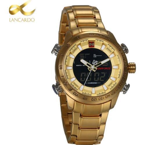 Lancardo Male Military Watch LED Digital Dual Time Hours Wrist Analog Round Quartz Gold Stainless Steel Men Sport Wristwatch