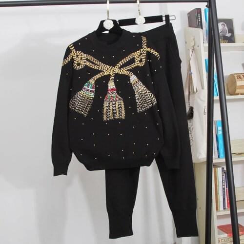 Black Casual Knitted Tracksuit Set Women Autumn New Manual Beaded Sequins Pullover Sweater Pencil Pants Outfits Female Knit Suit