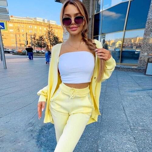 COKAGO Knitted Womens Tracksuit V Neck Single-breasted Cardigan Pants for Women Knitted Suit 2021 2 Piece Sets Womens Outfits