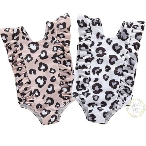 Toddler Kids Baby Girls Cute Leopard Print Romper Swimwear Ruffle Pleated Sleeveless Children Swimsuits Swimming Beachwear