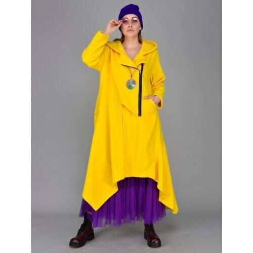 Long Yellow Color Asymmetric Fleece Jacket With Hood And Side Zipper 2021 New Fashion Very Stylish Womens Outerwear