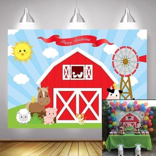Farm Birthday Backdrop for Children Cartoon Red Farm Animals Photo Background Barn Cow Grass Photography Backdrops Photocall