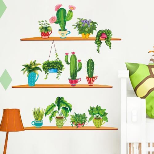 Nordic Style Art Wall Stickers Cactus Plant Plotted Bonsai Wall Decals Living Room Home Decoration Garden Green Stickers Decor