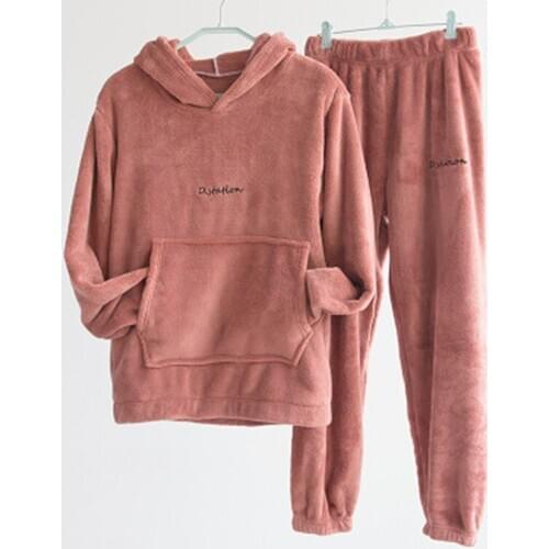Women Winter Pajamas Sets Soft Plush Hooded Pockets Long Sleeve O-neck Top Solid Color Elastic Waist Pants Warm Underwear
