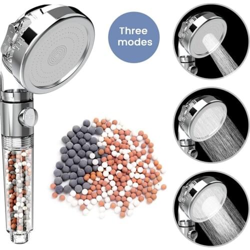 Hot Replacement Filter balls SPA shower head With Stop Button 3 Modes adjustable Bathroom High Pressure Water Saving Shower Head
