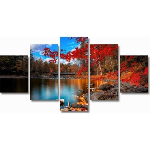 5 Pieces HD Modular Canvas Print Posters Home Decor Wall Art Pictures Red maple leaves Scenery Landscape Paintings Support Frame