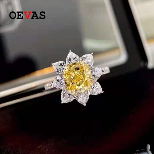 OEVAS 100% 925 Sterling Silver 3 Carat Yellow High Carbon Diamond Rings For Women Sparkling Party Fine Jewelry Gift Wholesale