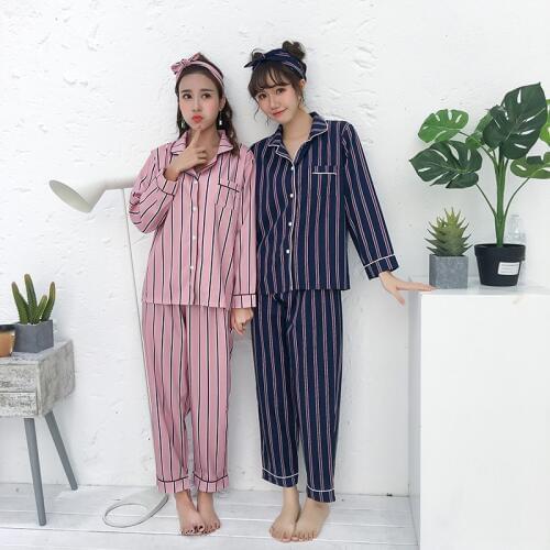 Striped 2 Two Piece Set Sleepwear Women Autumn Lingerie Sexy Night Suit Plus Size Nightwear Shirt+Pants Cotton Pajamas Turn-down