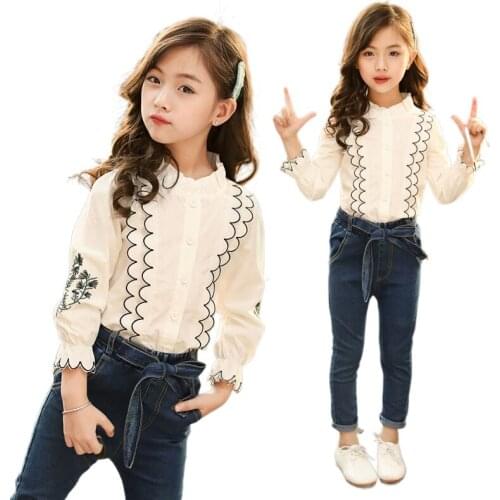 Girls Shirts Fashion Design Long Sleeve Flower Embroidered Blouse Elegant Stripped Ruffle Single-breasted Kids Clothing Tops