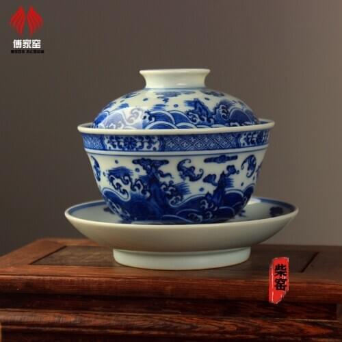 Tureen three blue and white household only pure manual painting medium, imitation restoring ancient tea cup